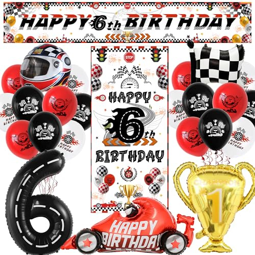 Rennauto 6. Geburtstags Party Deko Junge - Happy Birthday Banner und Rennen Luftballon XXL Schwarz Zahl 6 Ballons, Rennwagen Folienballon für Kinder 6 Jahre Auto Sport Geburtstag Dekoration