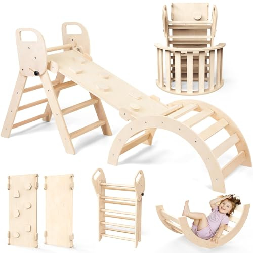 7-in-1 Montessori Klettergerüst Indoor Set, Verformbares Kletterdreieck mit Rutsche und Kletterbogen, Ideal für Babys und Kleinkinder 1-6 Jahre, Fördert Spiel, Bewegung und Kreativität