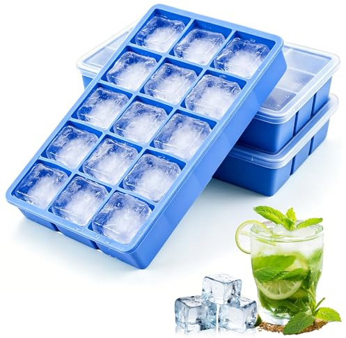 Rhimooay Eiswürfelform Silikon, 2 Stück 30 Fach Quadratische Eiswürfel 3.5cm, Eiswürfelbehälter mit Deckel, Ice Cube Tray für Gekühlte Getränke, Whisky, Cocktails, Bier und Kaffee (Blau）