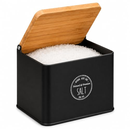 TIENDA EURASIA – Salero de Cocina con Tapa de Bambú | Recipiente para Sal | Diseño Moderno | 11x14x11 cm | Estructura Metálica | Tapa Abatible | Ideal para Cocina y Mesa (Negro)