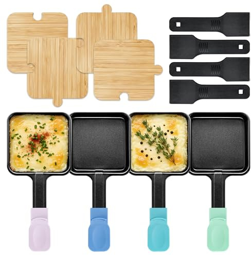 Kosmosta Raclette Cheese Pan Replacement Set, 4-Pack Square Nonstick Pans with Color-Coded & Extra Long Handles, 4 Nylon Spatulas, 4 Bamboo Trivets for Raclette Grills and Party Use, Tabletop Cooking