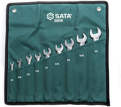 SATA ST09019SJ Ringmaulschlüssel, Gabelringschlüssel, Gabelschlüssel, Schraubenschlüssel Set 1/4/6,35 mm - 3/4/19,05mm, Zollgrößen poliert aus CR-V-Stahl in praktischer Roll-Tasche 9 Tlg.