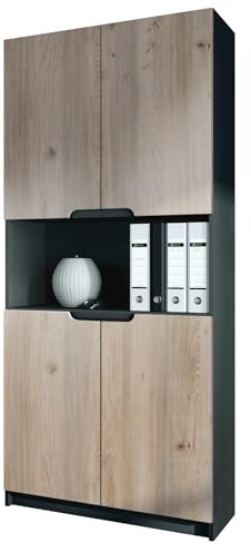 Vladon Büroschrank Logan V2, Made in Germany, Aktenschrank mit 5 Fächern und 4 Türen, Schwarz matt/Eiche Nordic (82 x 184 x 37 cm)