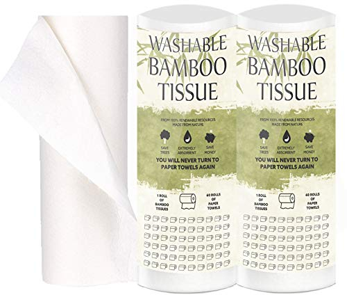 TANNESS 2-Pack Bamboo Kitchen Roll – Reusable Paper Towels and Towel Alternative - Washable Kitchen Rolls Paper for Household, Travel, and Camping