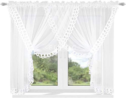 Schöne Fertiggardine Fenstergardine aus Voile dekorative Gardine mit Gipure Design Kurz Weiß Faltenband Kräuselband LB-162 (250 x 400 cm)