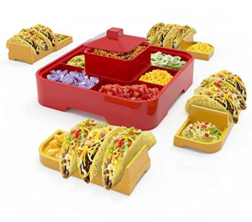QINOL Taco Holder Stand, 4 Taco Holders, Nachos Tortilla Taco Serving Platter, Stackable, White, Plastic, Polypropylene, Stainless Steel, Dishwasher Safe, Perfect for Taco Night