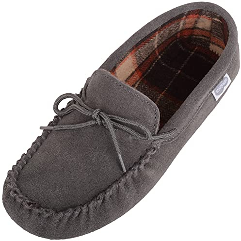 SNUGRUGS Rupert Mens Suede Moccasin Slippers with Cotton Inner and Suede Sole - Grey - UK 9