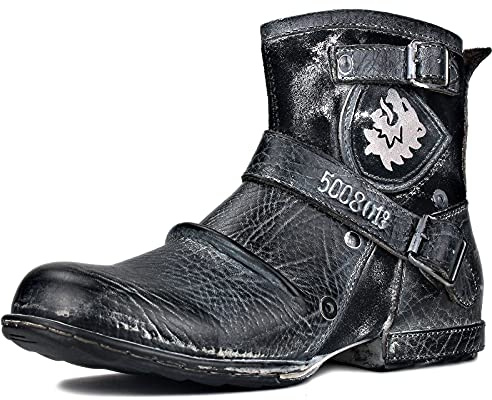 OSSTONE Herren Stiefel aus Rindsleder Lederstiefel mit Gummisohle Biker Boots mit Reißverschluss Männer Stiefeletten OS-5008-1-AI-12