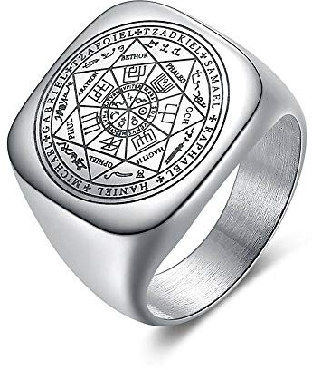 BlackAmazement Bague en acier inoxydable 316L - Sceau des Sept Archange - Chevalière - Argent - Homme et Femme, acier inoxydable,