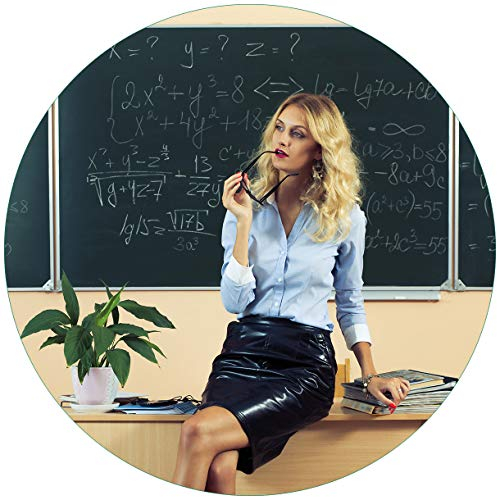 Wallario Glasbild rund Sexy Blonde Lehrerin in Schule vor Tafel mit Langen Beinen und Brille - Rund, 50 cm Durchmesser Wandbild Glas in Premium-Qualität: Brillante Farben, freischwebende Optik