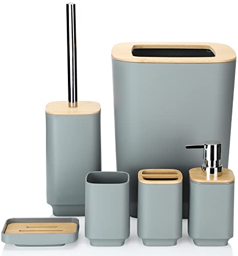 JOTOM Bamboo Bathroom Accessories Set of 6 Modern Design 6 Pieces Bathroom Accessory Set Soap Dispenser Toothbrush Holder Tooth Mug Soap Dish Toilet Brush Rubbish for Bathroom Home Decor (Grey)