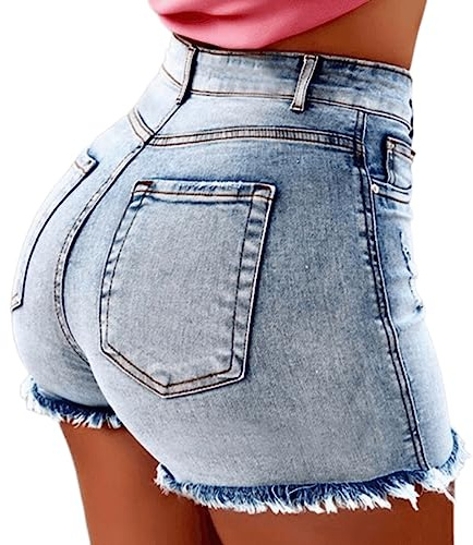 Pantalones Cortos Mujer Verano Vaqueros Cintura Alta Short Calientes Elasticidad Jeans con Bolsillos (S, Azul Claro)
