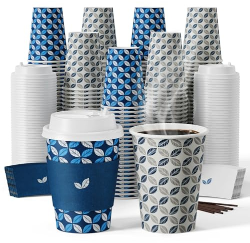 JOLLY CHEF 12oz Paper Coffee Cups 100 Pack, Disposable To Go Coffee Cups with Lids, Sleeves and Stirrers for Christmas