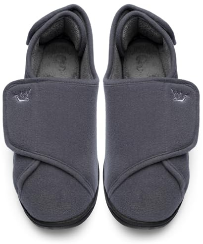 Happy Touch Mens Extra Wide Width Diabetic Slippers Memory Foam With Adjustable Soft Non-Slip Orthopedic House Shoes for Elderly Swollen Feet, Arthritis, Edema, (Grey, 13)