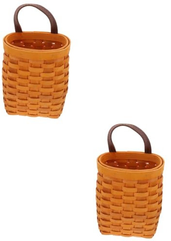 BESTonZON 2stücke Wandkorb Aus Holz Handgewebter Aufbewahrungskorb Für Obst Und Gemüse Tragbarer Wandkorb Mit Praktischem Design Für Wohnzimmer Und Küche Honigfarbe Mit Ledergriffen