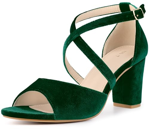 Perphy Sandalias de terciopelo sintético con correa entrecruzada, puntera abierta, tacón de bloque para mujer, verde esmeralda, 37.5 EU