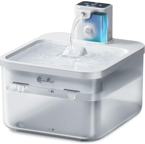DownyPaws 2.5L Katzenbrunnen Kabellos, Trinkbrunnen für Katze, Weiß | Bewegungsmelder, Batteriebetrieben, 4000mAh, Leise Wasserpumpe, Katzentrinkbrunnen, Automatisch Wasserspender Katzen