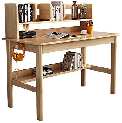 Bureau d'ordinateur moderne en noyer avec étagères de rangement, bureau d'écriture en bois massif pour la maison, le bureau, le bureau d'étudiant avec design peu encombrant (78,7 cm, naturel)