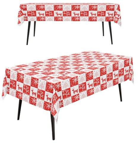 2Pack Christmas Table Cloth, 54x72in Red and White Plaid Elk Party Tablecloth for Kids' Birthday Parties