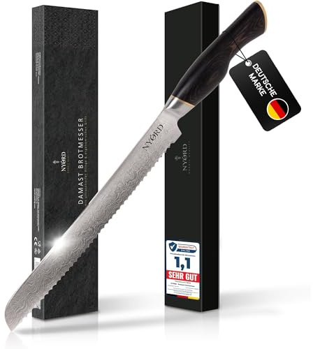 NYORD Damast Brotmesser – Wellenschliff mit Ultrascharfer Damastklinge, Brotschneidemesser mit Ergonomischem Pakkaholz Griff aus 67 Lagen Damaststahl, 25 cm Klingenlänge