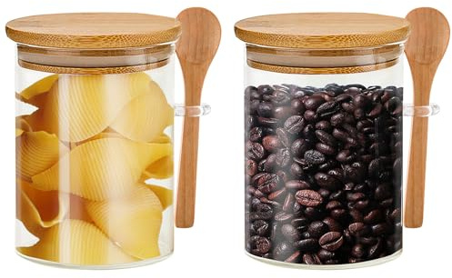 qoqidun Glass Storage Jars with Bamboo Airtight Lids and Spoon, 540 ml Glass Containers, Glass Canisters, Kitchen Canisters for Candy, Cookie, Rice, Sugar, Flour, Pasta, Nuts, Set of 2