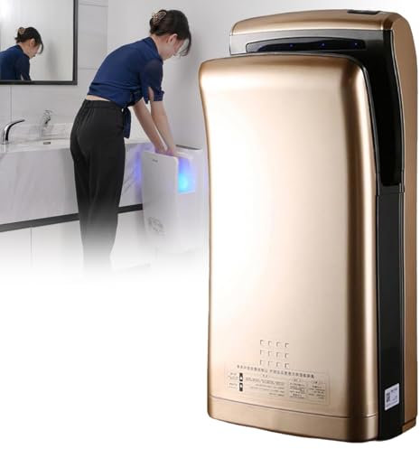 YEHOZZ Asciugamani Elettrico Verticale, Asciugamani Automatico, Asciugamani Commerciale Potente da 2000 W con Raccolta Acqua, Interruttore Aria Calda/Fredda, 5 Secondi per Asciugare,Gold