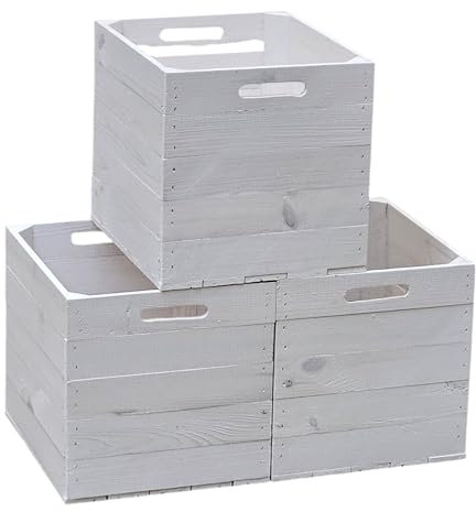 Teramico 3er Set massive und stabile Obstkisten/Holzkisten/Weinkisten - 50 x 40 x 30cm Geflammt/Natur- Tolle Dekoration für Innen und Außen (3er Set Kallax Weiß)