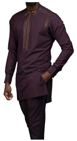 Bauzuoyo Tenue africaine pour homme 2 pièces Dashiki Traditionnel Manches longues Chemise et pantalon avec poches Broderie dorée Tenue Tribale Vêtements ethniques, lilas, L