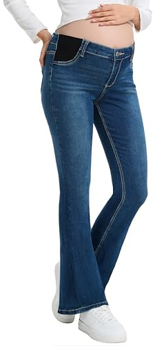 Leovqn Jeans premaman bootcut da donna a vita alta pannello laterale jeans gravidanza flare pantaloni in denim elasticizzati con tasche, Blu scuro, XX-Large