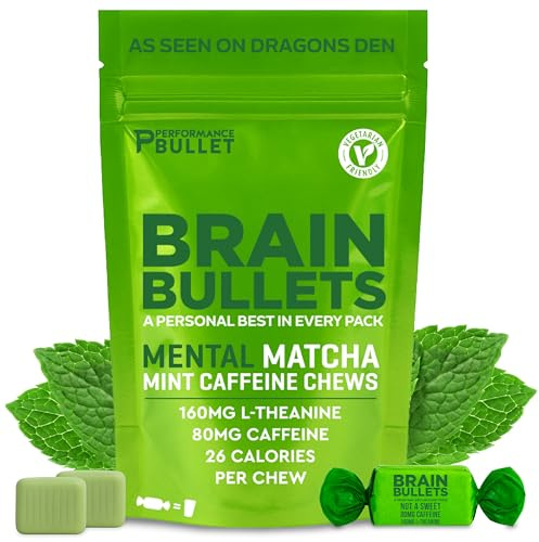 160mg L-Theanine + 80mg Caffeine Chews – Mint Matcha Flavour, Increases Productivity, Mental Clarity, Alertness | 4 Pack - 16 Servings | Brain Bullet | Energy Gummy & Focus Supplement Upgrade