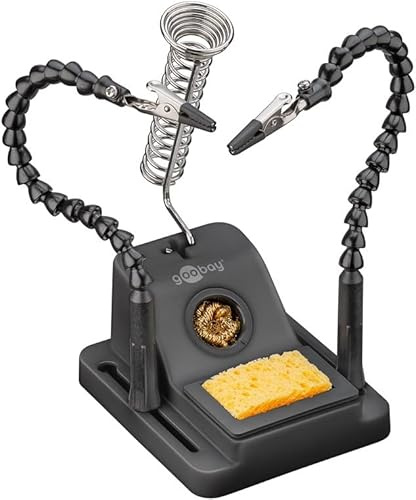 goobay 76561 Aide à la soudure avec 2 cols de cygne flexibles avec pinces crocodiles, support de fer à souder, éponge à souder et laine de nettoyage – Pour platines, modélisme et bricolage