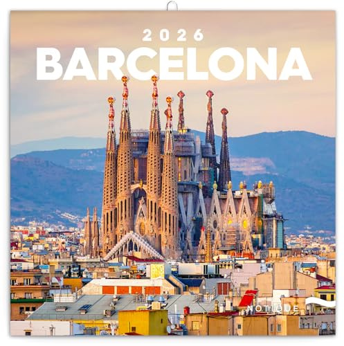 NOTIQUE Väggkalender 2026 Barcelona, månadsöversikt i häfte, estetisk design 30 x 30 cm (öppen 30x60)