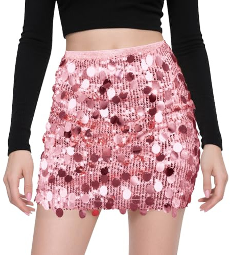 AOOSU Minifalda Faldas Lentejuelas Señora, Minifalda Mujer Sexy Ultra Corto Falda A línea, de Lentejuelas Plateada Brillante para Baile, Carnaval, Fiestas