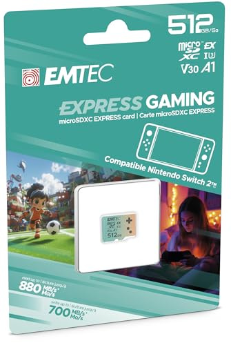 EMTEC, MicroSDXC 512 GB UHS-I U3 V30 A1 Express Gaming, kompatibel mit Nintendo Switch 2, hohe Geschwindigkeit bis zu 880 Mb/s, erweiterter Speicher, ideal für Videospiele und Anwendungen