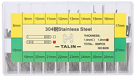304 Stainless Steel Watch Pins, Friction Bars for Watch Bracelets, 1.2mm Thick, 8-27mm Length, 300pcs, Watch Repair Tool with Separated Grid Packaging