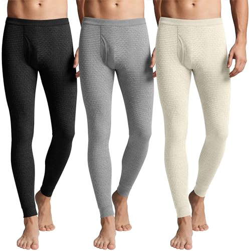 August Alley 3 Pack Men's Waffle Thermal Bottom Long Underwear Johns Soft Base Layer(Black, Gray, Apricot,Large)