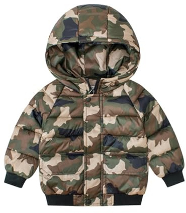 OBiQuzz Giacca trapuntata per bambini, piumino mimetico, giacca invernale calda, giacca con cappuccio, leggera, antivento, con chiusura lampo, per il tempo libero, per outwear e tutti i giorni