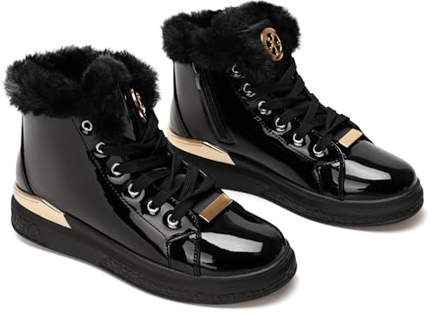 Botas cálidas de Invierno para Mujer: Zapatillas Antideslizantes con Forro de Piel sintética, Cremallera Interior, Impermeables, cómodas, con Cordones, para Caminar al Aire Libre.-Black Gold-41
