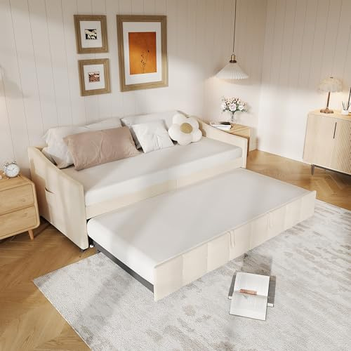 Schlafsofa, ausklappbar, für 2 Personen, 90 x 200 cm, mit Lattenrost, Schlafsofa 90 x 200 cm, Ausziehbett, multifunktional, gepolstertes Bett für Erwachsene (Creme-1, 100 x 215 x 75 cm)