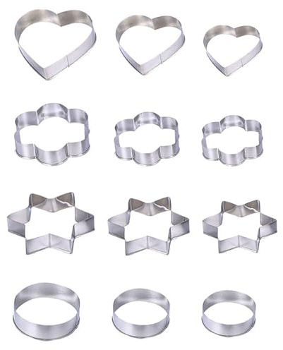 12PCS Cookie Cutters Shapes Baking Set, Stainless Steel Shapes Including Round, Heart, Star, and Flower, Metal Molds Cutters for Making Biscuits, Cakes, Pastries and Icing(Silver)