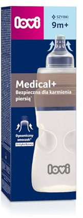 LOVI Biberón anticólicos Medical+, 9+ meses, 330 ml, Flujo lento, Biberón con tetina de silicona suave y flexible, Apto para alimentación mixta, Transparente