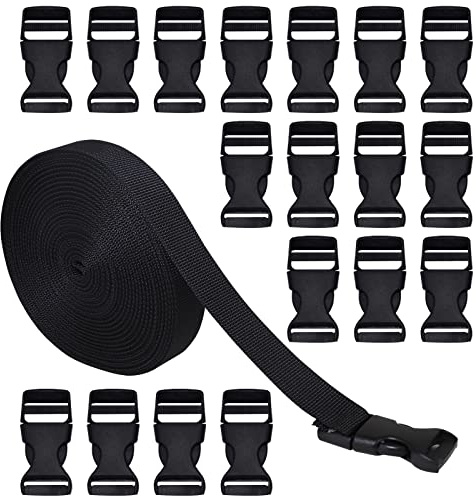 RETON 20MM 10 Yards Schwarz Nylon Gurtband + 20 Stück Verstellbare Schnallen Kunststoff Seitenschnallen, Gurtband mit Schnalle für die Reparatur von Rucksack Gepäck Gurt. (20MM+20 Stück)