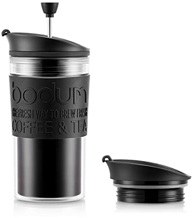 Bodum Insulated 11102-01s Piston Cup with Hinged Lid, 0.35 Litre, Black, Transparent, Plastic, 8.9 cm