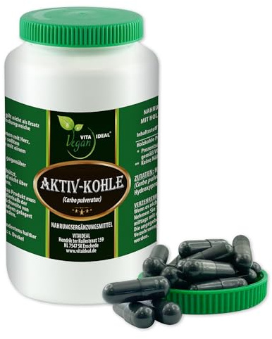 VITA IDEAL Vegan® AKTIV - KOHLE 90 KAPSELN - Carbon,Carbo Ligni pulveratur - pflanzliche AKTIVKOHLE - Tagesportion 640mg Pflanzenkohle reines Pulver. Natürlich, pflanzlich & ohne Zusatzstoffe.