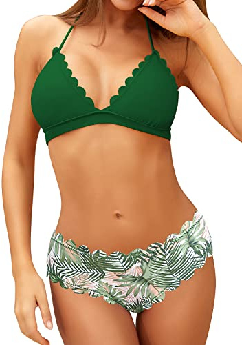 SHEKINI Damen Triangle Bikini Set Wellige Bademode Bunt Blumenmuster Badeshorts Sommer Zweiteiliger für Frauen Neckholder Schnürung Badeanzug