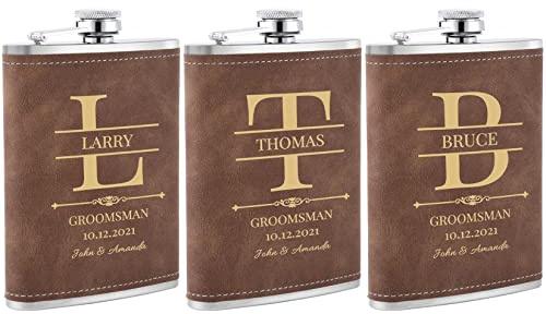 Petacas de Alcohol Personalizados, un Paquete de 3 Cantimplora a Medida 8oz/227ml como Regalo para los Padrinos de Boda, Frasco de Bolsillo Personalizada para Despedidas de Soltero y Bodas(Marrón)