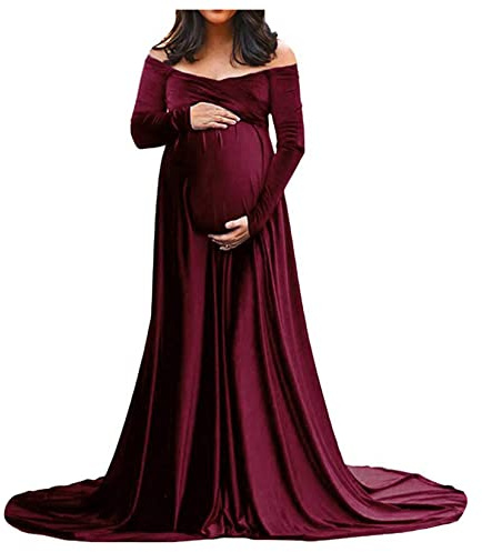Frauen Mutterschaft Kleid für Foto-Shooting Solid Samt Foto-Shooting Schwangerkleid Wrap Maxi Kleid V-Ausschnitt Umstandskleid