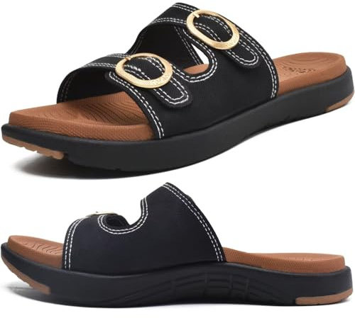 COFACE Ortotiska tofflor för kvinnor, komfort, plantar, fasciit, bågstöd, slip-on, platta sandaler, dam, mjuk kudde, mode, yogamatta, glidare med justerbara remmar, Svart khaki, 40 EU
