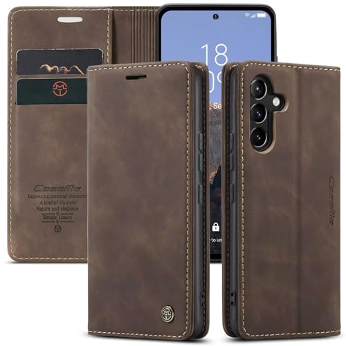 Caseme Funda para OnePlus 7 Pro + 2X Protector Pantalla,Funda Movil Carcasa PU Cuero con Ranura para Tarjeta, Cierre Función de Soporte, Café