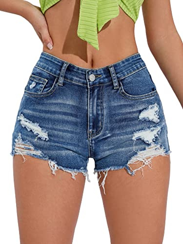 GORGLITTER Women's High Waist Ripped Raw Trim Denim Shorts Stretch Summer Casual Straight Leg Jean Shorts Medium Blue M